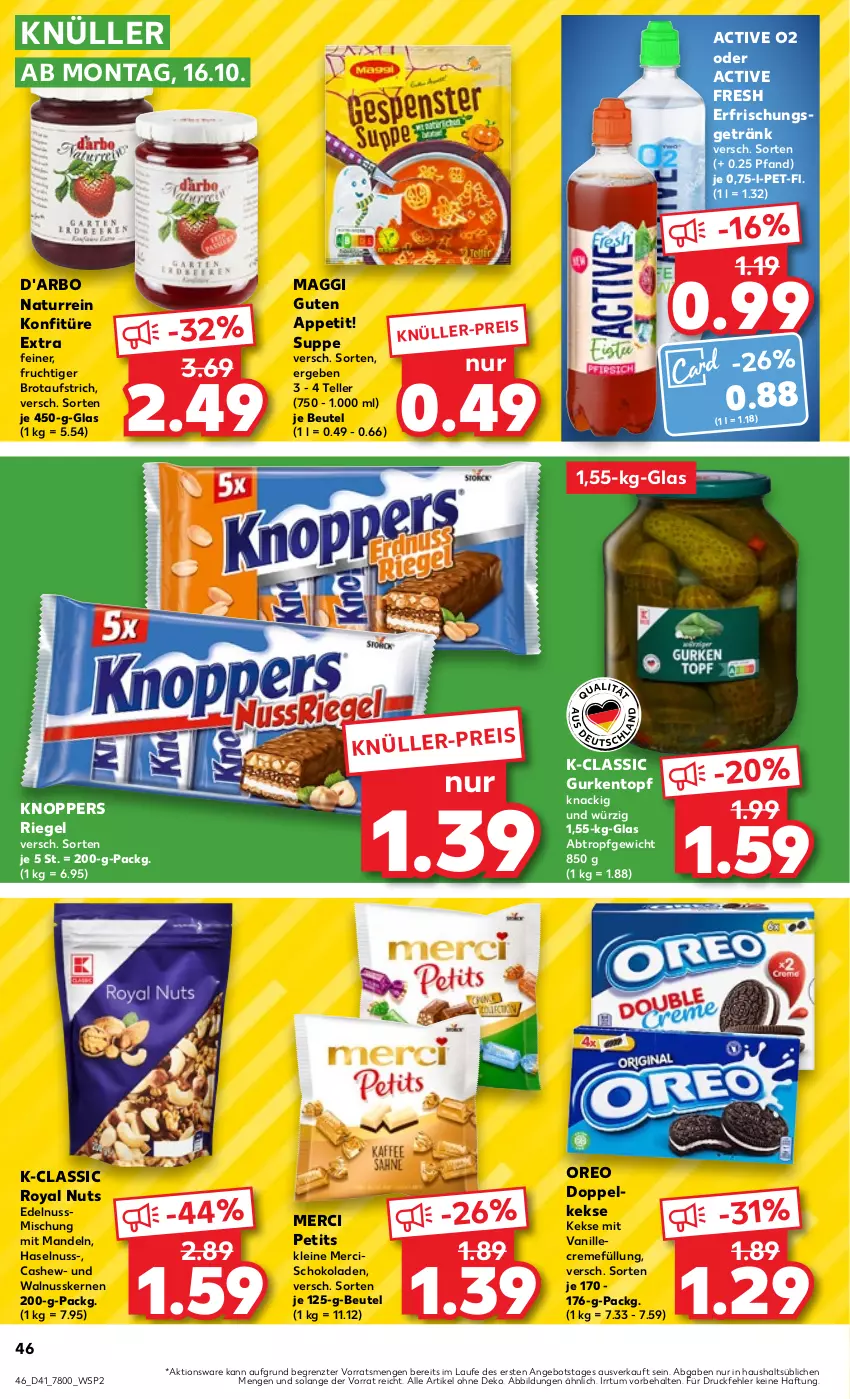 Aktueller Prospekt Kaufland - Prospekt - von 12.10 bis 18.10.2023 - strona 46 - produkty: angebot, aufstrich, beutel, brot, brotaufstrich, Cashew, creme, Doppelkekse, eis, elle, erfrischungsgetränk, frucht, getränk, gurke, gurken, haselnuss, keks, kekse, knoppers, konfitüre, konfitüre extra, leine, maggi, mandel, mandeln, merci, natur, nuss, oreo, riegel, schoko, schokolade, schokoladen, suppe, teller, Ti, topf, vanille, walnuss, walnusskerne, ZTE