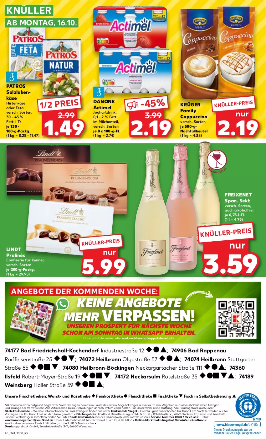 Aktueller Prospekt Kaufland - Prospekt - von 12.10 bis 18.10.2023 - strona 48 - produkty: actimel, alkohol, angebot, angebote, Astra, Bad, beutel, bio, Cap, cappuccino, cin, danone, drink, drucker, eis, Engel, erde, feinkost, feinkosttheke, feta, fisch, fischtheke, fleisch, freixenet, hirtenkäse, joghur, joghurt, Joghurtdrink, Käse, käsetheke, kerze, krüger, LG, lindt, milch, patros, reis, salz, sekt, Ti, wein, wurst, ZTE