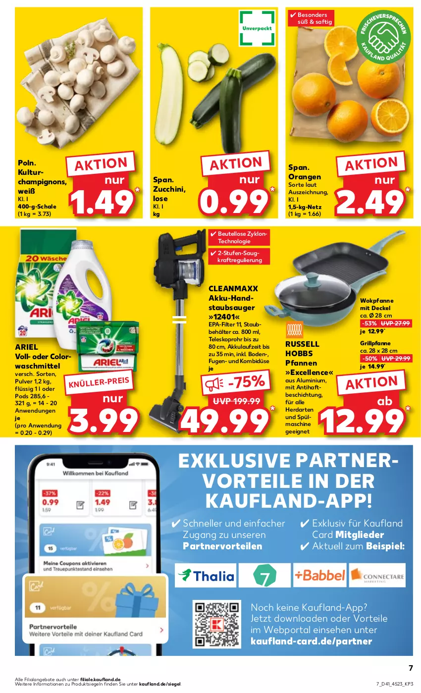 Aktueller Prospekt Kaufland - Prospekt - von 12.10 bis 18.10.2023 - strona 7 - produkty: akku, akku-handstaubsauger, angebot, angebote, ariel, Behälter, beutel, champignon, champignons, cleanmaxx, colorwaschmittel, decke, Deckel, eis, elle, grill, Grillpfanne, handstaubsauger, herdarten, kraft, orange, orangen, pfanne, pfannen, Pods, russell hobbs, saft, Schal, Schale, staubsauger, Teleskop, Ti, waschmittel, wok, zucchini