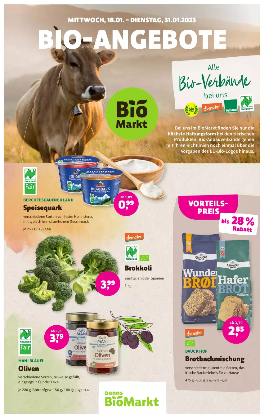 Aktueller Prospekt Denns Biomarkt - Prospekte - von 18.01 bis 31.01.2023 - strona 1 - produkty: angebot, angebote, backmischung, Bau, bio, brokkoli, brot, eis, mac, olive, oliven, quark, reis, speisequark, Ti, vorteilspreis