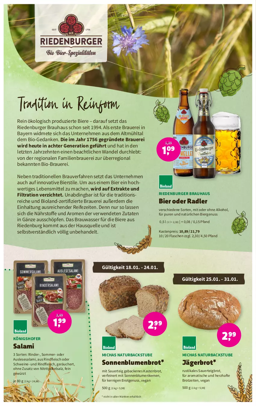 Aktueller Prospekt Denns Biomarkt - Prospekte - von 18.01 bis 31.01.2023 - strona 9 - produkty: alkohol, auer, bier, Biere, bio, bioland, blume, blumen, brot, burger, eis, elle, erde, flasche, fleisch, geback, gewürz, Heu, lebensmittel, mac, natur, nuss, oder radler, ohne alkohol, radler, reis, rind, rinder, rindfleisch, rwe, salami, salz, schwein, schweine, sonnenblume, sonnenblumen, Sonnenblumenbrot, Sonnenblumenkerne, sonnenblumenkernen, stube, Ti, tisch, wasser, wein, weine, ZTE