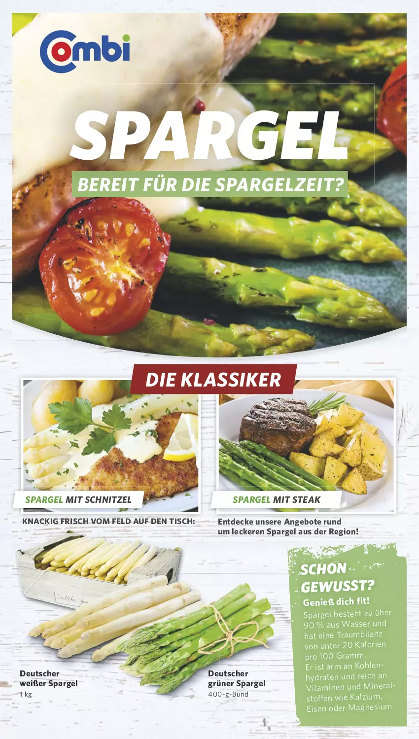 Aktueller Prospekt Combi - Prospekte - von 13.05 bis 18.05.2024 - strona 1 - produkty: angebot, angebote, decke, eis, grüner spargel, magnesium, schnitzel, spargel, steak, Ti, tisch, vita, Vitamine, wasser