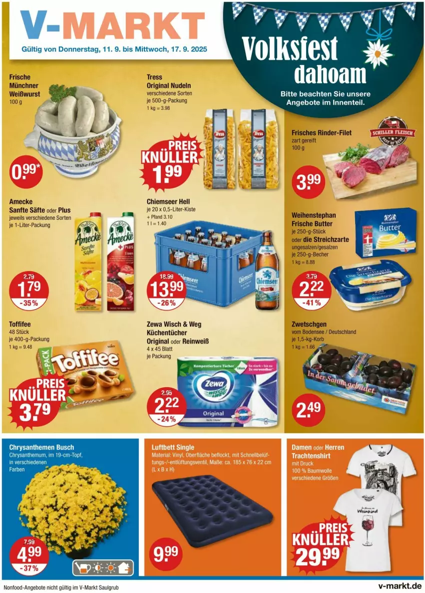 Aktueller Prospekt Vmarkt - Prospekte - von 11.09 bis 17.09.2025 - strona 1 - produkty: amecke, angebot, angebote, Becher, butter, chrysanthemen, ente, filet, gin, korb, küche, Küchen, küchentücher, LG, nudel, nudeln, rind, rinder, säfte, salz, Streichzart, Ti, toffifee, topf, tücher, weihenstephan, Weißwurst, wurst, zewa