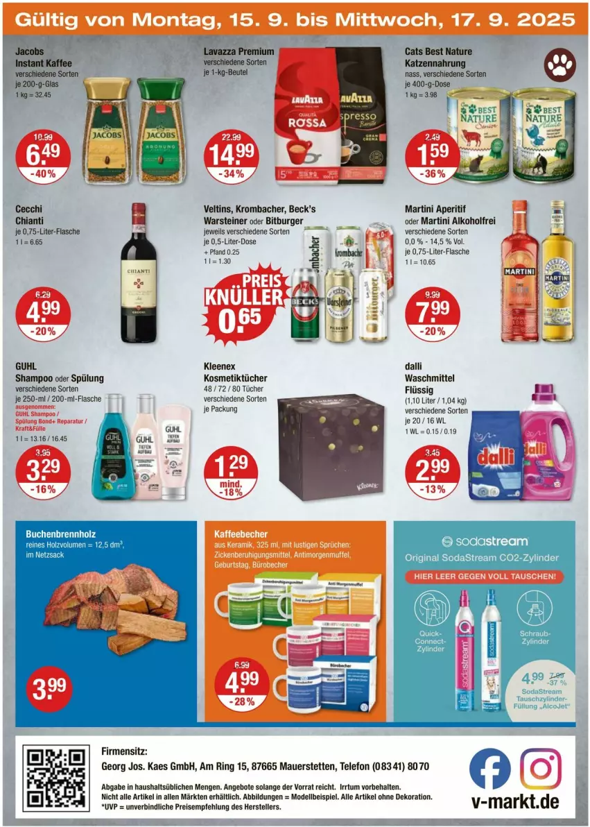 Aktueller Prospekt Vmarkt - Prospekte - von 11.09 bis 17.09.2025 - strona 28 - produkty: alkohol, alle artikel ohne dekoration, angebot, angebote, aperitif, auer, bitburger, burger, chia, chianti, dalli, dekoration, dell, eis, flasche, gin, Guhl, kaes, katzennahrung, kosmetik, Kosmetiktücher, krombache, krombacher, martini, Mode, natur, rasen, ring, shampoo, shampoo oder spülung, Soda, sodastream, spülung, steiner, telefon, Ti, tücher, veltins, warsteiner, waschmittel