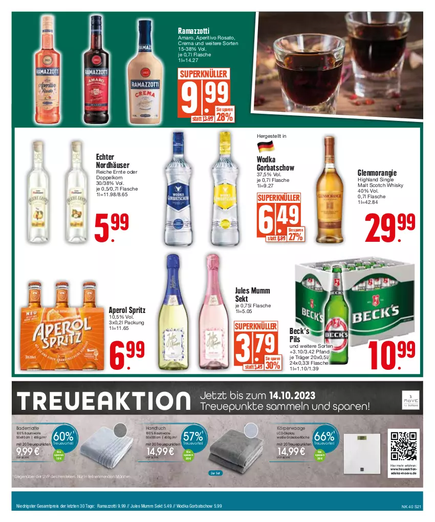 Aktueller Prospekt Edeka - Angebote der Woche - von 02.10 bis 07.10.2023 - strona 21 - produkty: amaro, aperitivo rosato, aperol, Bad, badematte, Bau, baumwolle, beck's, deka, doppelkorn, eis, elle, flasche, Gorbatschow, handtuch, jules mumm, korn, mumm, pils, rama, ramazzott, ramazzotti, reis, rosato, scotch, scotch whisky, sekt, single malt, teller, Ti, tuc, Waage, whisky, wodka, wolle, zott, ZTE