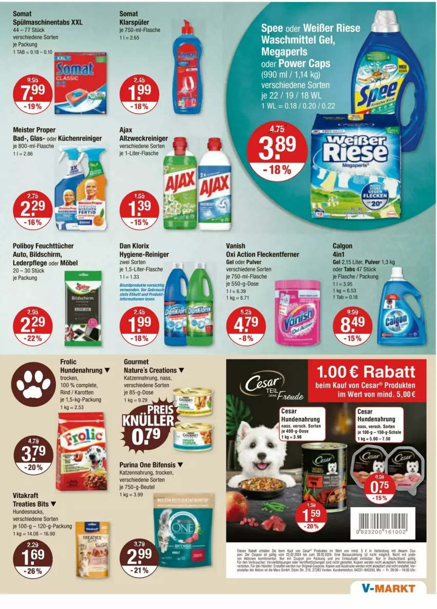 Aktueller Prospekt Vmarkt - Prospekte - von 22.02 bis 28.02.2024 - strona 11 - produkty: ajax, auto, Bad, beutel, calgon, eis, feuchttücher, flasche, fleckentferner, frolic, hundenahrung, hundesnack, hundesnacks, hygiene-reiniger, je 1-liter-flasche, karotten, katzennahrung, klarspüler, kraft, küche, Küchen, LG, Meister, meister proper, möbel, natur, oxi action, purina, reiniger, rind, Schal, Schale, snack, snacks, somat, spülmaschinen, spülmaschinentabs, Ti, tücher, vanish, vanish oxi action, vita, vitakraft, weck