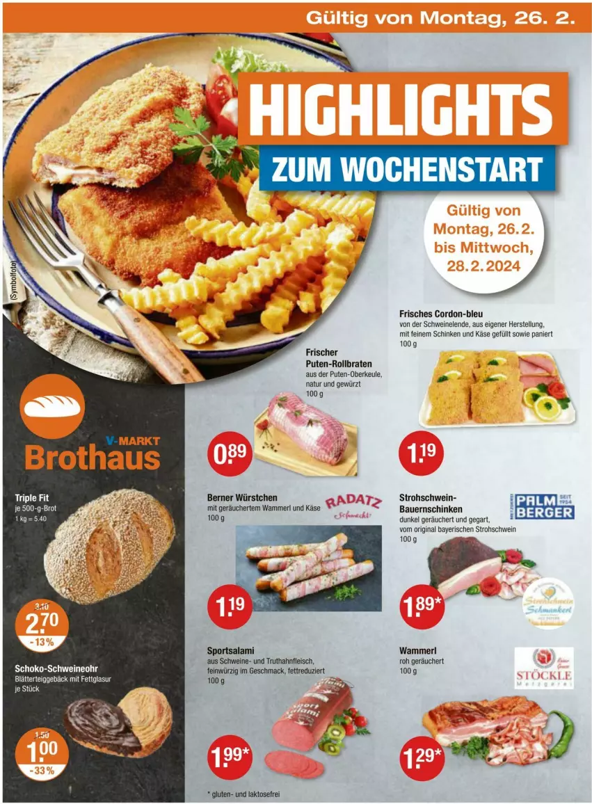 Aktueller Prospekt Vmarkt - Prospekte - von 22.02 bis 28.02.2024 - strona 18 - produkty: auer, Bau, Bauer, Bauernschinken, Berger, blätterteig, blätterteiggebäck, braten, brot, eis, fleisch, gewürz, gin, HP, je 500-g-brot, Käse, mac, merl, natur, pute, rollbraten, salami, schinken, schwein, schweine, Sport, truthahn, wein, weine, würstchen