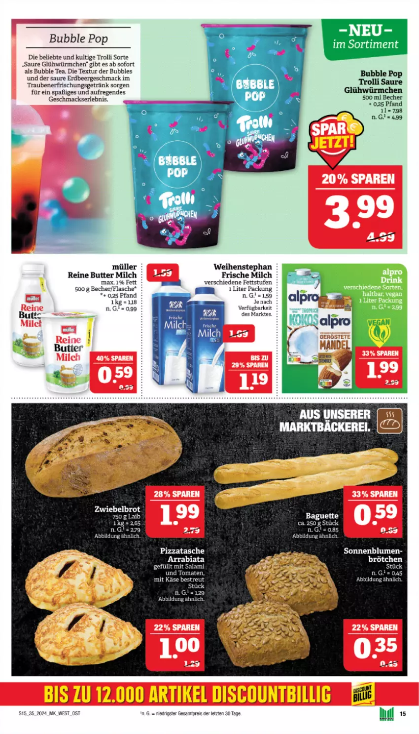 Aktueller Prospekt Marktkauf - Prospekt - von 25.08 bis 31.08.2024 - strona 15 - produkty: baguette, Becher, bett, blume, blumen, brot, butter, eis, erfrischungsgetränk, flasche, frische milch, getränk, Käse, mac, milch, Müller, nerf, pizza, reis, sonnenblume, sonnenblumen, Tasche, Ti, trauben, trolli, weihenstephan, ZTE, zwiebel