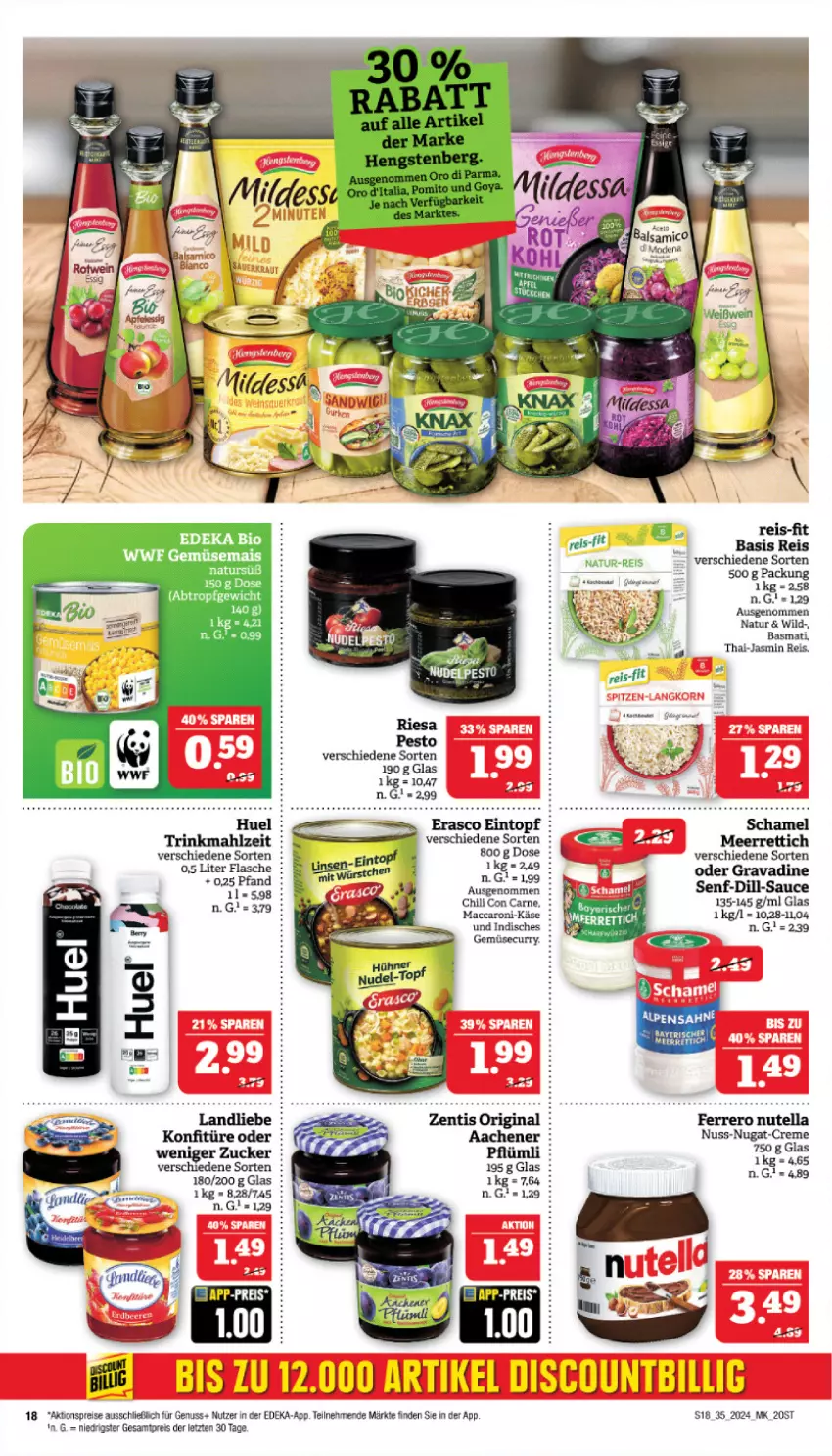 Aktueller Prospekt Marktkauf - Prospekt - von 25.08 bis 31.08.2024 - strona 18 - produkty: ACC, aktionspreis, basmati, chili, curry, deka, discount, eintopf, eis, erasco, ferrero, flasche, gin, Käse, konfitüre, landliebe, mac, meerrettich, natur, natur-reis, nuss, nutella, reis, reis-fit, Rettich, sauce, schamel, senf, tee, Ti, topf, Wild, zentis, ZTE, zucker