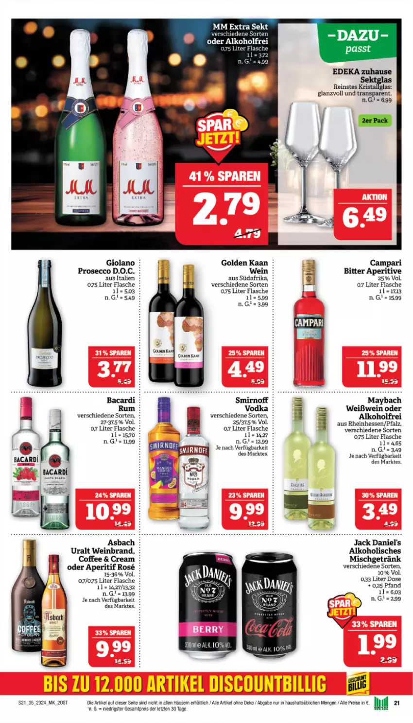 Aktueller Prospekt Marktkauf - Prospekt - von 25.08 bis 31.08.2024 - strona 21 - produkty: alkohol, aperitif, bacardi, campari, deka, ecco, eis, flasche, getränk, jack daniel, jack daniel's, maybach, prosecco, reis, rum, Ti, wein, weinbrand, Weißwein, ZTE