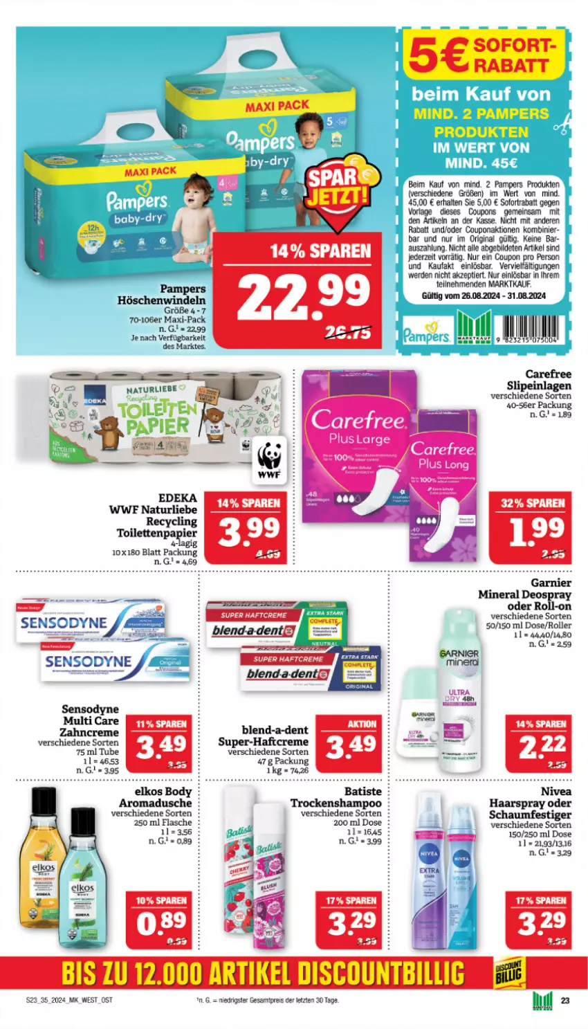 Aktueller Prospekt Marktkauf - Prospekt - von 25.08 bis 31.08.2024 - strona 23 - produkty: body, carefree, Clin, coupon, coupons, creme, deka, deo, deospray, dusche, eis, elkos, erde, flasche, garnier, gin, haarspray, Haftcreme, LG, natur, nivea, pampers, papier, reis, roll-on, Roller, schaumfestiger, sensodyne, shampoo, slip, slipeinlagen, sofortrabatt, tee, Ti, toilettenpapier, Trockenshampoo, windeln, zahncreme, ZTE