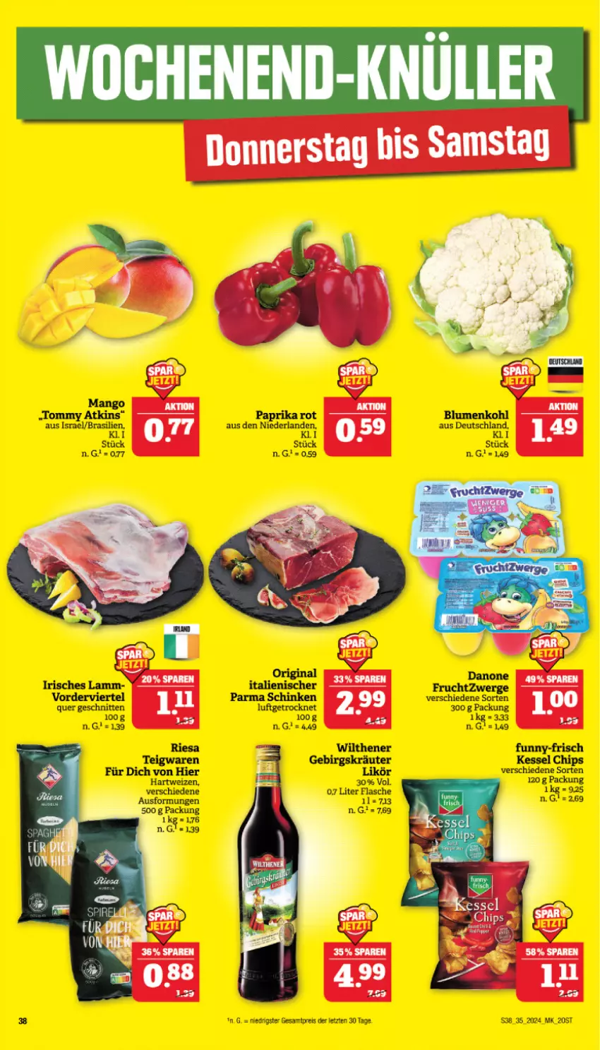 Aktueller Prospekt Marktkauf - Prospekt - von 25.08 bis 31.08.2024 - strona 38 - produkty: blume, blumen, blumenkohl, chips, danone, danone fruchtzwerge, eis, flasche, frucht, fruchtzwerge, funny-frisch, kräuter, lamm, likör, mango, paprika, paprika rot, reis, schnitten, wilthener, ZTE