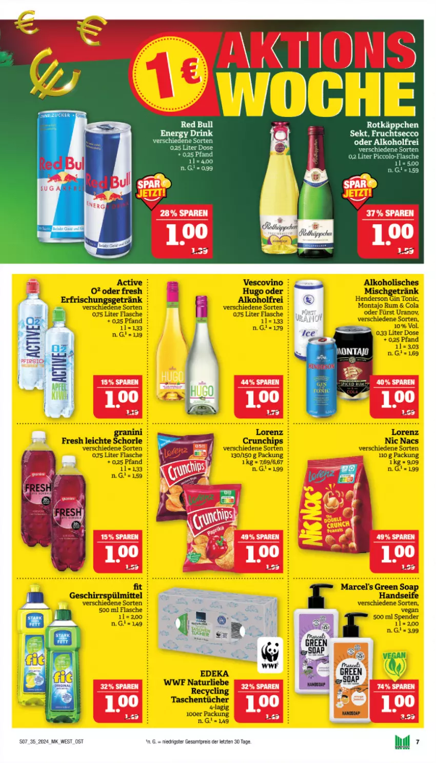 Aktueller Prospekt Marktkauf - Prospekt - von 25.08 bis 31.08.2024 - strona 7 - produkty: alkohol, chips, Clin, cola, crunchips, deka, ecco, eier, eis, enders, flasche, frucht, fruchtsecco, geschirr, getränk, gin, granini, Handseife, hugo, natur, red bull, reis, rotkäppchen, rum, schorle, Seife, sekt, Tasche, taschen, taschentücher, tee, Ti, tonic, tücher, vescovino, ZTE