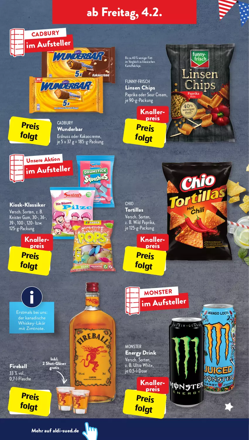 Aktueller Prospekt AldiSud - ALDI Aktuell - von 31.01 bis 05.02.2022 - strona 28 - produkty: aldi, ball, chips, creme, drink, eis, elle, energy drink, erdnuss, flasche, funny-frisch, Gläser, kakao, kartoffel, kartoffelchips, knallerpreis, LG, likör, linsen, monster, nuss, paprika, reis, sour cream, teller, Ti, tortilla, tortillas, whiskey, Wild, wild paprika