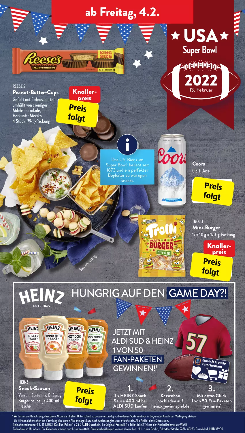 Aktueller Prospekt AldiSud - ALDI Aktuell - von 31.01 bis 05.02.2022 - strona 29 - produkty: aldi, alle artikel ohne dekoration, ball, bier, burger, Burger Sauce, butter, dekoration, eis, erde, erdnuss, Erdnussbutter, flasche, gewinnspiel, gin, gutschein, heinz, knallerpreis, LG, milch, nuss, reis, sauce, saucen, schoko, schokolade, snack, snacks, Ti, Trikot, trolli, ZTE