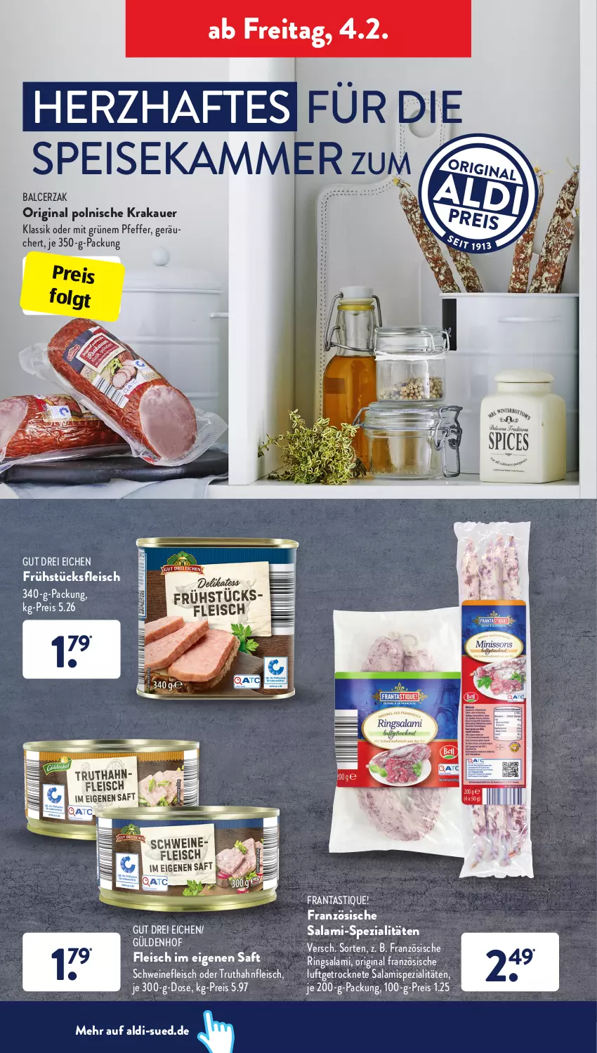 Aktueller Prospekt AldiSud - ALDI Aktuell - von 31.01 bis 05.02.2022 - strona 30 - produkty: aldi, asti, auer, eis, fleisch, frühstücksfleisch, gin, krakauer, LG, Luftgetrocknete Salami, pfeffer, reis, ring, saft, salami, schwein, schweine, schweinefleisch, Spezi, Ti, truthahn, wein, weine