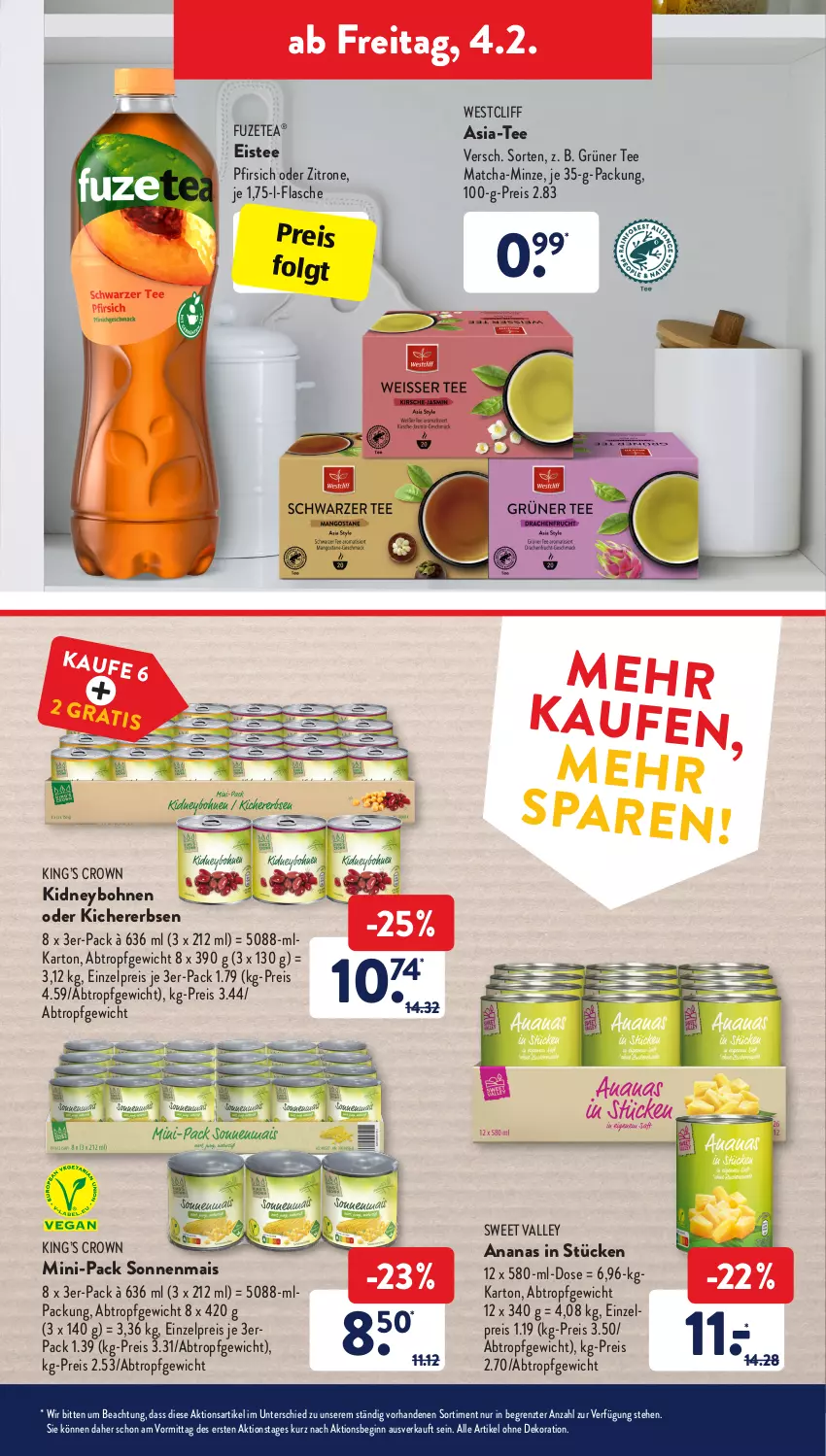 Aktueller Prospekt AldiSud - ALDI Aktuell - von 31.01 bis 05.02.2022 - strona 33 - produkty: alle artikel ohne dekoration, ananas, bohne, bohnen, dekoration, eis, eistee, erbsen, flasche, fuzetea, gin, grüner tee, kichererbsen, kidney, LG, mais, minze, pfirsich, reis, tee, Ti, zitrone, ZTE