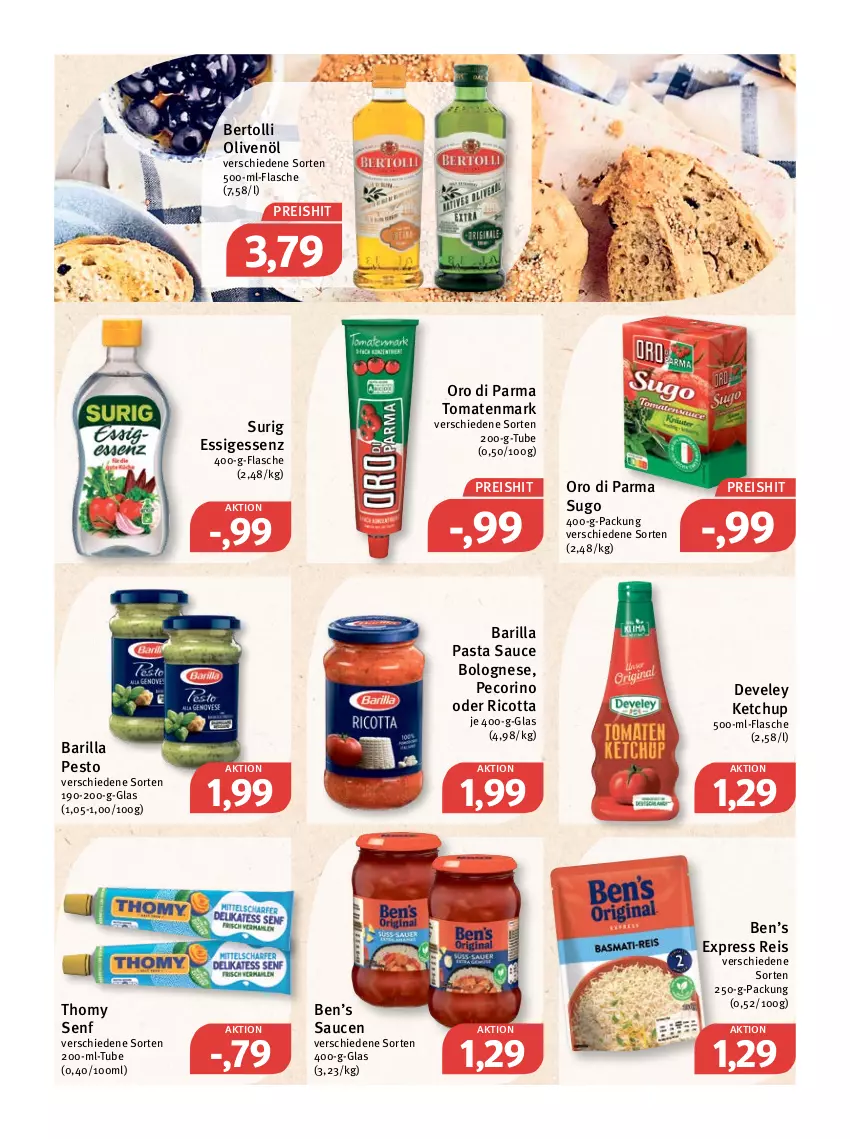 Aktueller Prospekt Feneberg - Prospekte - von 07.01 bis 08.01.2022 - strona 9 - produkty: barilla, bertolli, bolognese, develey, eis, essig, flasche, ketchup, olive, oliven, olivenöl, oro di parma, pasta, Pasta Sauce, Pecorino, pesto, reis, ricotta, sauce, saucen, senf, Sugo, thomy, Ti, tomate, tomaten, tomatenmark