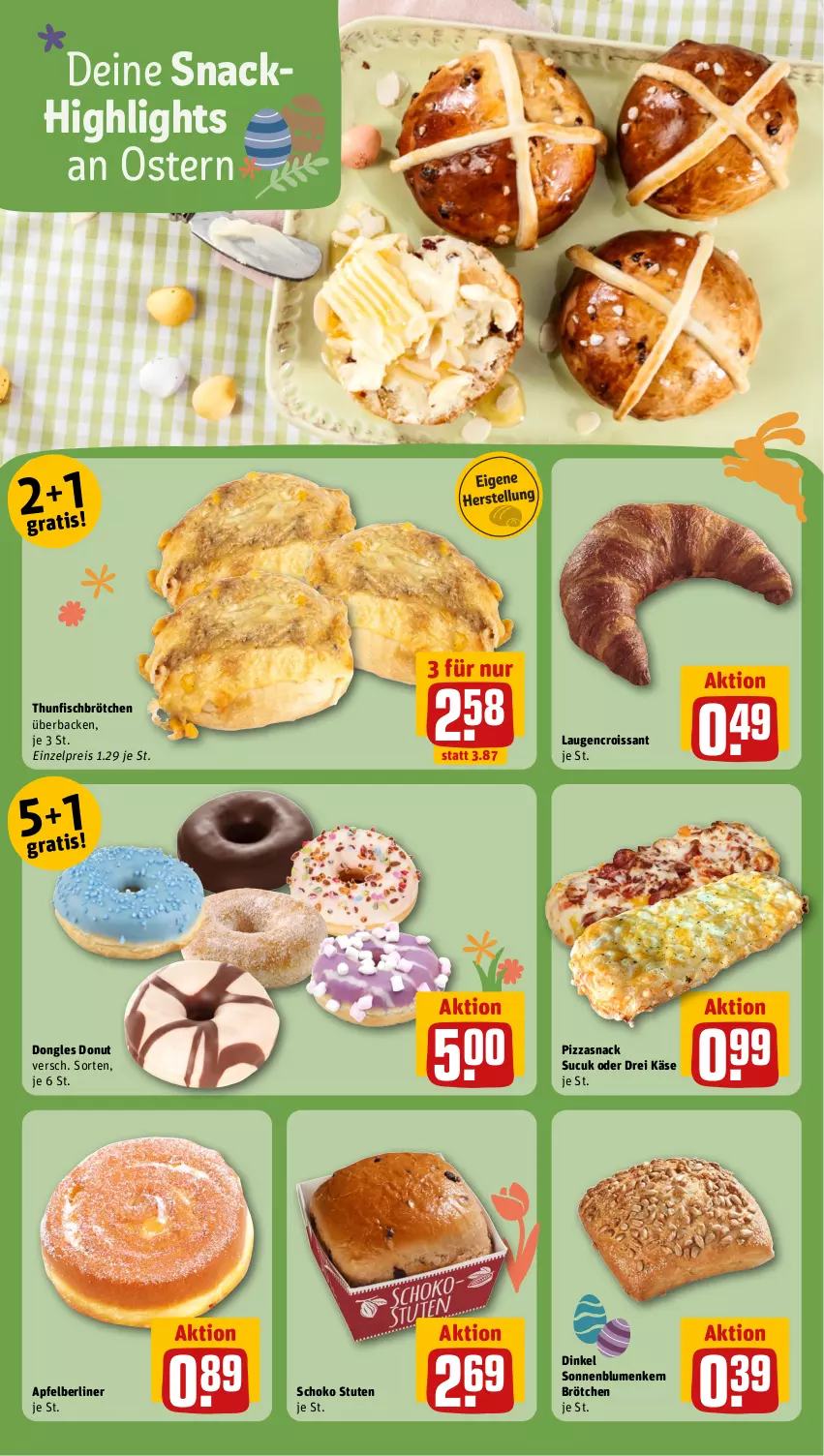 Aktueller Prospekt Rewe - Prospekte - von 25.03 bis 30.03.2024 - strona 14 - produkty: apfel, berliner, blume, blumen, brötchen, Croissant, Donut, eis, fisch, Käse, Laugencroissant, pizza, reis, schoko, snack, sonnenblume, sonnenblumen, Sucuk, thunfisch, Ti