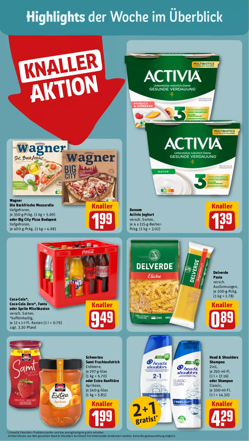 Aktueller Prospekt Rewe - Prospekte - von 25.03 bis 30.03.2024 - strona 2 - produkty: activia, activia joghurt, aprikose, aufstrich, Becher, beere, coca-cola, cola, danone, danone activia, eis, erdbeere, erde, fanta, fanta oder, fanta oder sprite, frucht, fruchtaufstrich, joghur, joghurt, konfitüre, mozzarella, oder sprite, pasta, pizza, reis, rel, Schwartau, shampoo, sprite, Ti, wagner