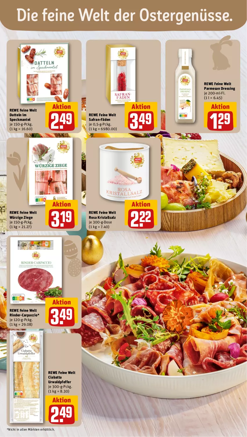 Aktueller Prospekt Rewe - Prospekte - von 25.03 bis 30.03.2024 - strona 22 - produkty: ACC, Carpaccio, ciabatta, Datteln, dressing, Kristallsalz, Mantel, pfeffer, rewe feine welt, rind, rinder, Safran, salz, Speck, Ti