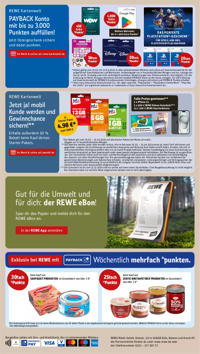 Aktueller Prospekt Rewe - Prospekte - von 25.03 bis 30.03.2024 - strona 26 - produkty: angebot, angebote, aufstrich, brot, brotaufstrich, congstar, coupon, eis, ente, erde, gewinnspiel, gutschein, iphone, lays, mac, papier, payback, PlayStation, reis, ring, sac, saupiquet, sony, Spiele, telefon, Ti, zentis