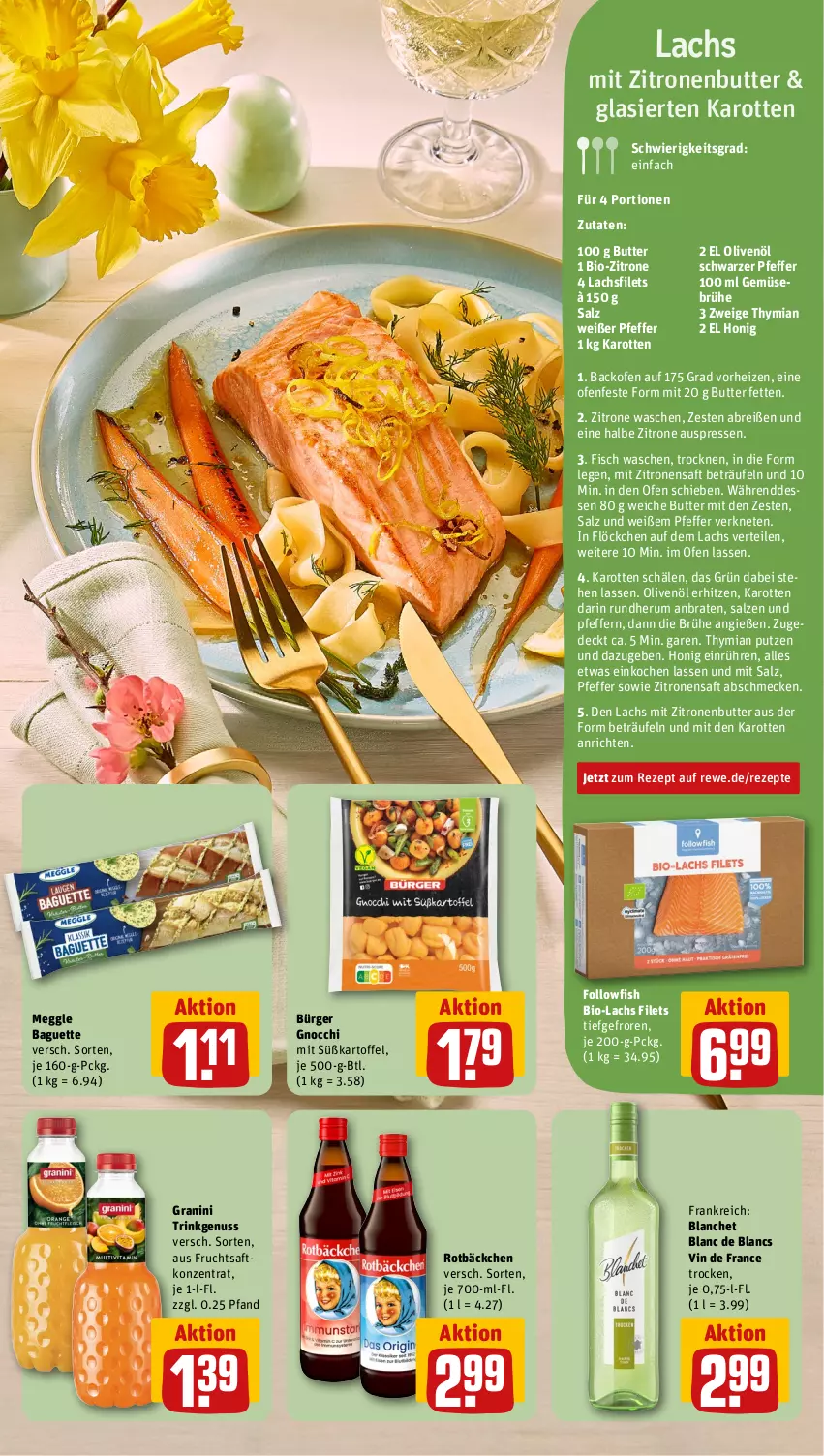 Aktueller Prospekt Rewe - Prospekte - von 25.03 bis 30.03.2024 - strona 7 - produkty: Anrichte, backofen, baguette, bio, braten, Brei, Brühe, butter, de blancs, filet, filets, fisch, followfish, frucht, fruchtsaft, Gemüsebrühe, gnocchi, granini, honig, karotten, kartoffel, lachs, lachsfilet, lachsfilets, meggle, nuss, Ofen, olive, oliven, olivenöl, pfeffer, rezept, rezepte, rum, saft, salz, Ti, vin de france, zitrone, zitronen, zitronensaft