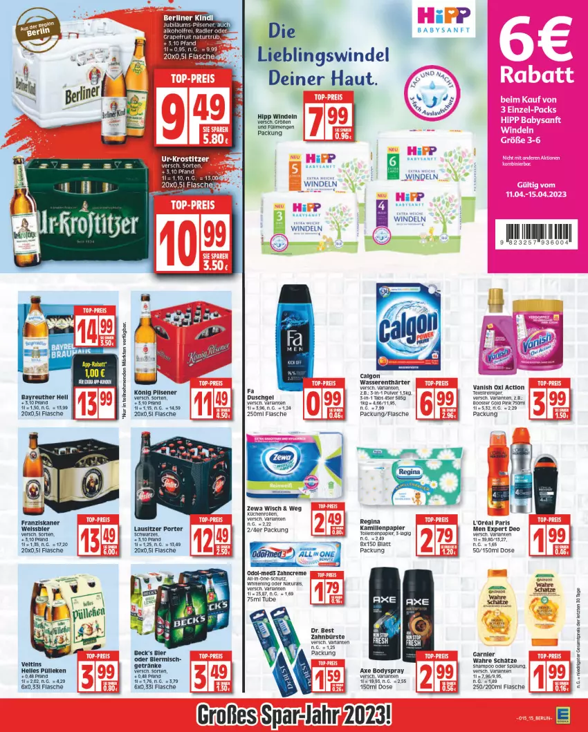 Aktueller Prospekt Edeka - Angebote der Woche - von 10.04 bis 15.04.2023 - strona 15 - produkty: arla, axe, beck's, bier, body, bodyspray, bürste, calgon, creme, deo, Dr. Best, duschgel, eis, elle, flasche, franziskaner, garnier, getränk, getränke, gin, gsw, hipp, Kamill, kamille, küche, Küchen, küchenrolle, küchenrollen, l'oreal, LG, natur, natura, Odol, oxi action, reiniger, reis, shampoo, shampoo oder spülung, spülung, Ti, vanish, vanish oxi action, veltins, Wahre Schätze, wasser, wasserenthärter, weissbier, windeln, zahnbürste, zahncreme, zewa, ZTE