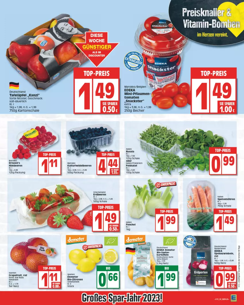 Aktueller Prospekt Edeka - Angebote der Woche - von 10.04 bis 15.04.2023 - strona 3 - produkty: Becher, beere, beeren, bio, bio-zitronen, cola, deka, eis, erdbeere, erdbeeren, feldsalat, grapefruit, heidelbeere, heidelbeeren, himbeer, himbeere, himbeeren, kartoffel, kartoffeln, mac, möhren, reis, rucola, salat, Schal, Schale, snack, snacks, speisemöhren, Ti, tomate, tomaten, zitrone, zitronen, ZTE