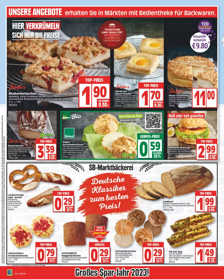 Aktueller Prospekt Edeka - Angebote der Woche - von 10.04 bis 15.04.2023 - strona 8 - produkty: angebot, angebotspreis, aprikose, aprikosen, auer, aufstrich, bacon, bio, bioland, brezel, brot, brötchen, creme, curry, currywurst, deutschlandcard, dinkelbrötchen, eis, erde, frucht, geback, gin, gurke, gurken, Hefe, hot dog, kartoffel, Käse, kuchen, Laugenstange, LG, mac, natur, nuss, Plunder, pudding, quark, reis, rhabarber, roggenbrötchen, röstzwiebeln, saft, Ti, tisch, torte, wurst, ZTE, zwiebel, zwiebeln