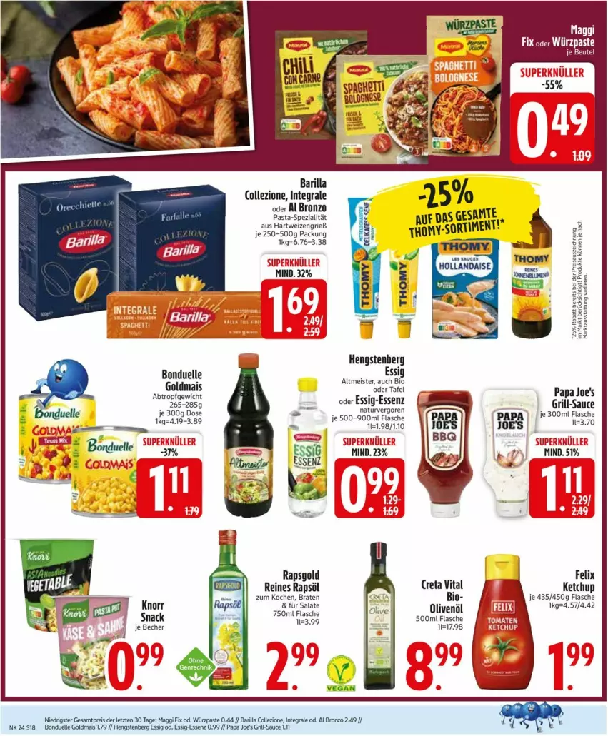 Aktueller Prospekt Edeka - Prospekte - von 09.06 bis 14.06.2025 - strona 18 - produkty: Becher, bio, bonduelle, braten, creta vital, eis, elle, essig, felix, flasche, Goldmais, grill, hartweizen, hengstenberg, ketchup, knorr, mais, Meister, natur, olive, oliven, olivenöl, Papa Joe's, pasta, rapsöl, reines rapsöl, reis, salat, salate, sauce, snack, Spezi, thomy, Ti, vita