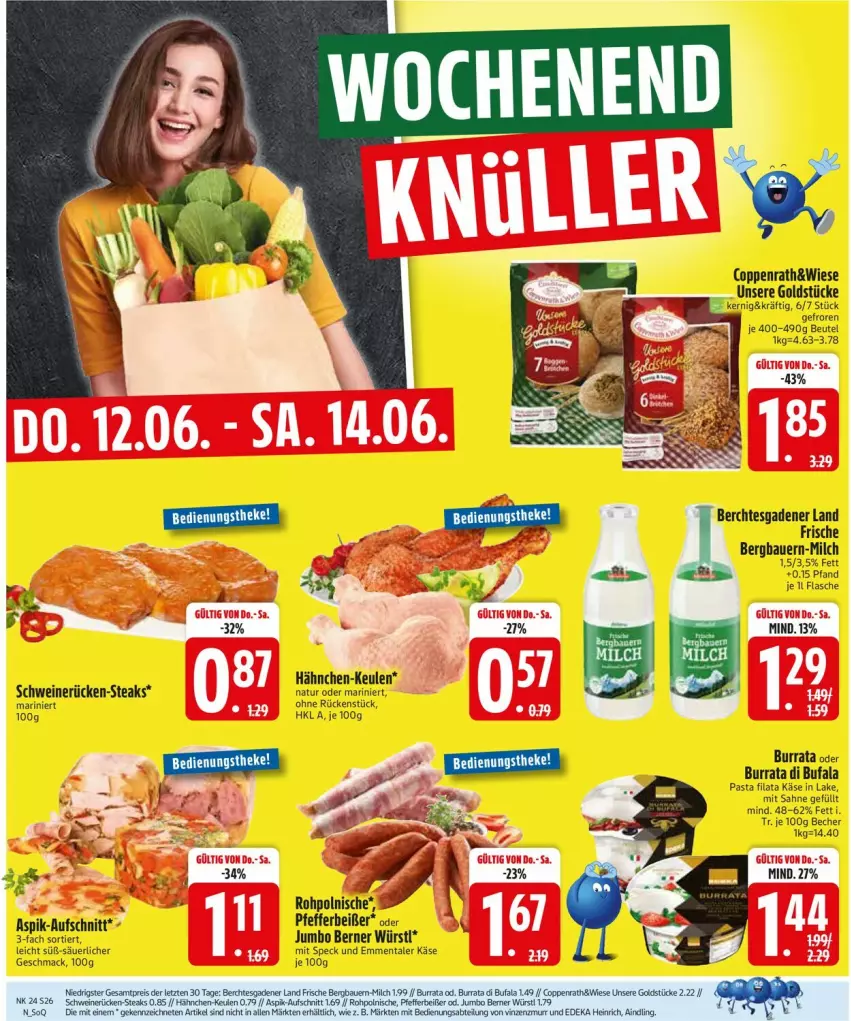 Aktueller Prospekt Edeka - Prospekte - von 09.06 bis 14.06.2025 - strona 26 - produkty: auer, aufschnitt, Bau, Bauer, Becher, beutel, Burrata, coppenrath, di bufala, eis, emmentaler, flasche, Goldstücke, HP, jumbo, Käse, mac, milch, natur, pasta, pfeffer, Pfefferbeißer, reis, sahne, schwein, schweine, schweinerücken, Speck, steak, steaks, Ti, wein, weine, ZTE