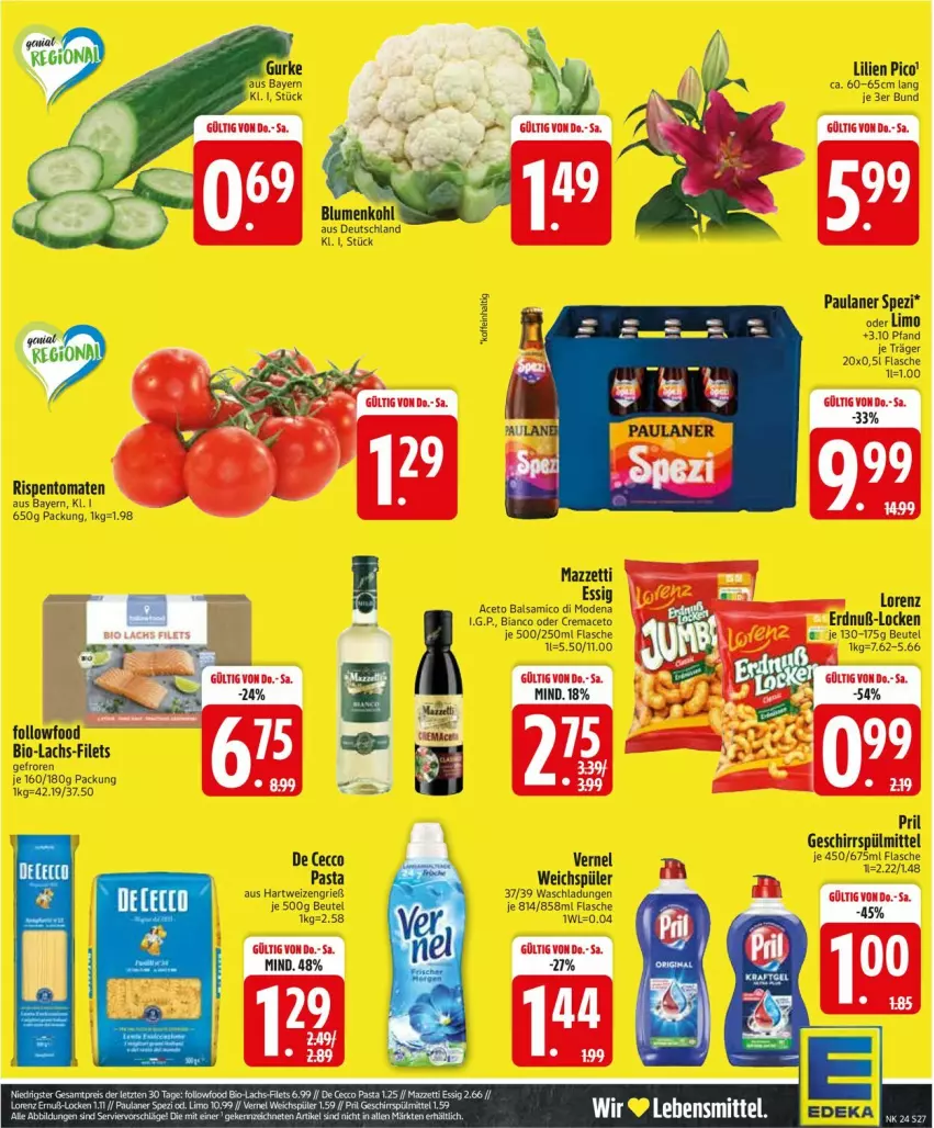 Aktueller Prospekt Edeka - Prospekte - von 09.06 bis 14.06.2025 - strona 27 - produkty: aceto, aceto balsamico, balsam, balsamico, beutel, bio, filet, filets, flasche, lachs, limo, lorenz, mac, Mode, Paula, paulaner, pril, rispentomaten, Spezi, Ti, tomate, tomaten
