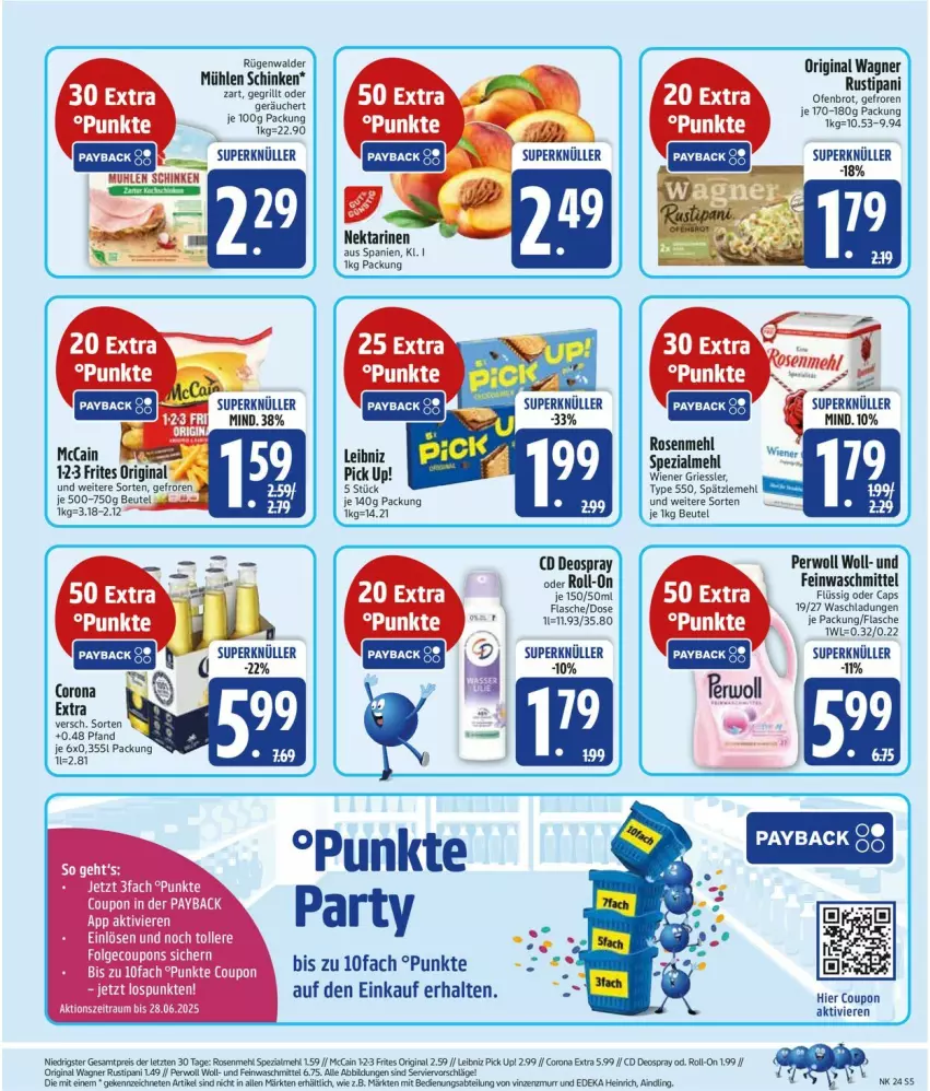 Aktueller Prospekt Edeka - Prospekte - von 09.06 bis 14.06.2025 - strona 5 - produkty: beutel, brot, Cap, corona, corona extra, deo, deospray, feinwaschmittel, flasche, gin, grill, leibniz, mccain, mehl, mühlen schinken, Nektar, nektarinen, Ofen, original wagner, perwoll, Pick Up!, roll-on, rosen, Rosenmehl, rügenwalder, schinken, Spätzlemehl, Spezi, Ti, wagner, waschmittel, wiener, wok