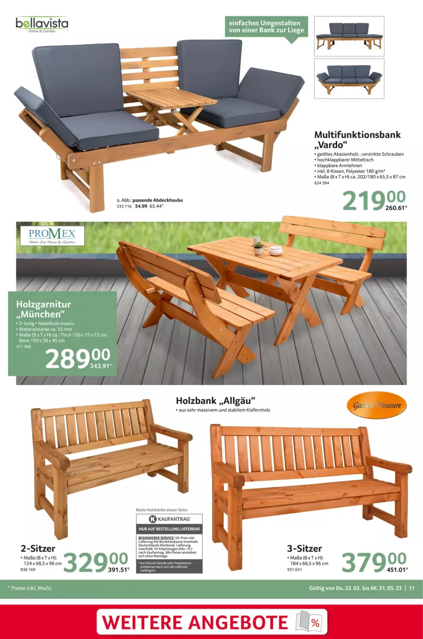 Aktueller Prospekt Selgros - Outdoorkatalog - von 23.03 bis 31.05.2023 - strona 11 - produkty: abdeckhaube, armlehnen, Bank, eis, Garten, Holz, kissen, LG, Liege, reis, Ria, schrauben, Ti, tisch