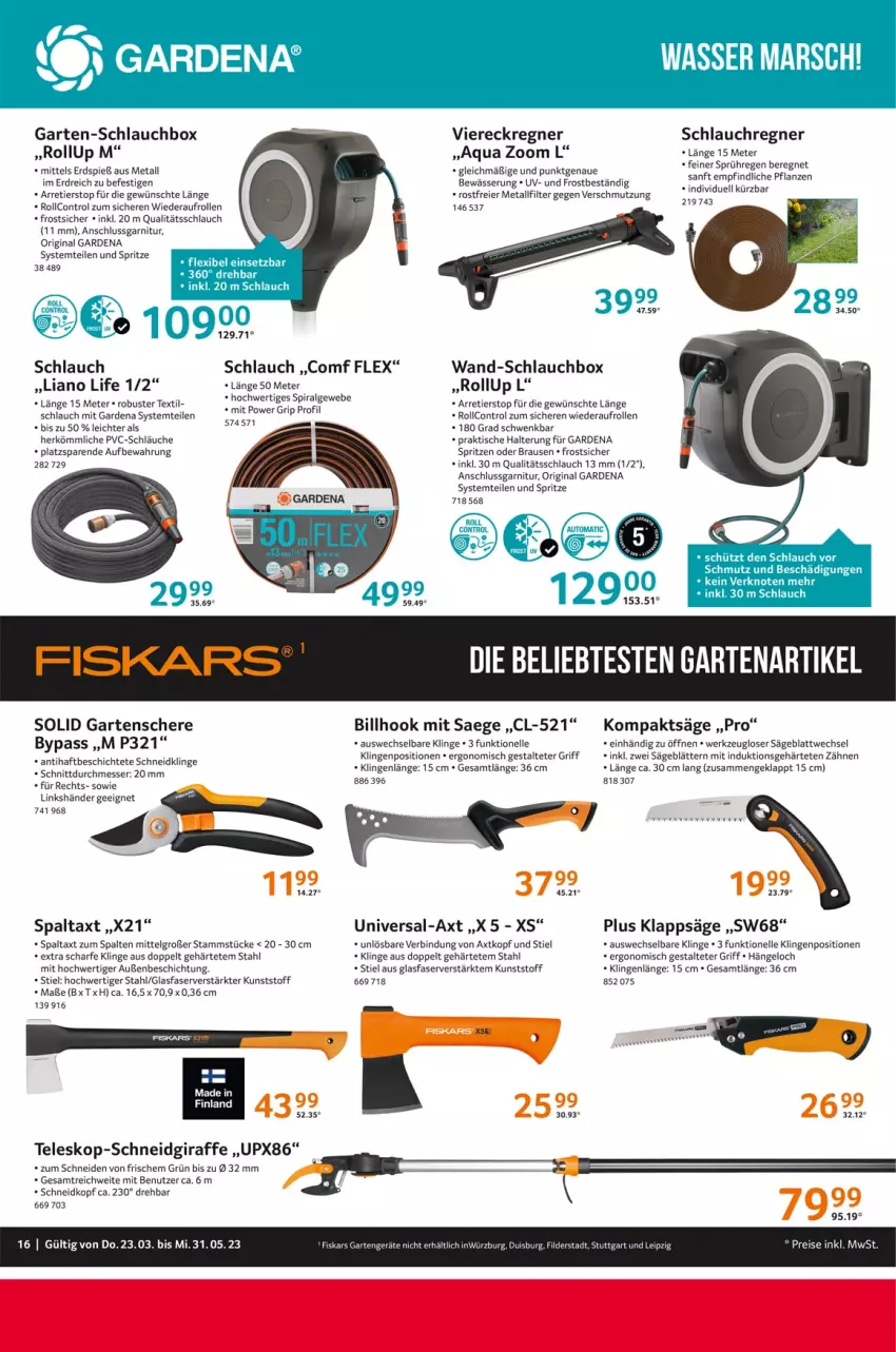 Aktueller Prospekt Selgros - Outdoorkatalog - von 23.03 bis 31.05.2023 - strona 16 - produkty: aeg, aqua, Bank, brause, eier, elle, fiskars, gardena, garnitur, Garten, Gartenschere, gin, LG, messer, pflanze, pflanzen, säge, Schere, schlauch, schläuche, Teleskop, Ti, tisch, Viereckregner, werkzeug