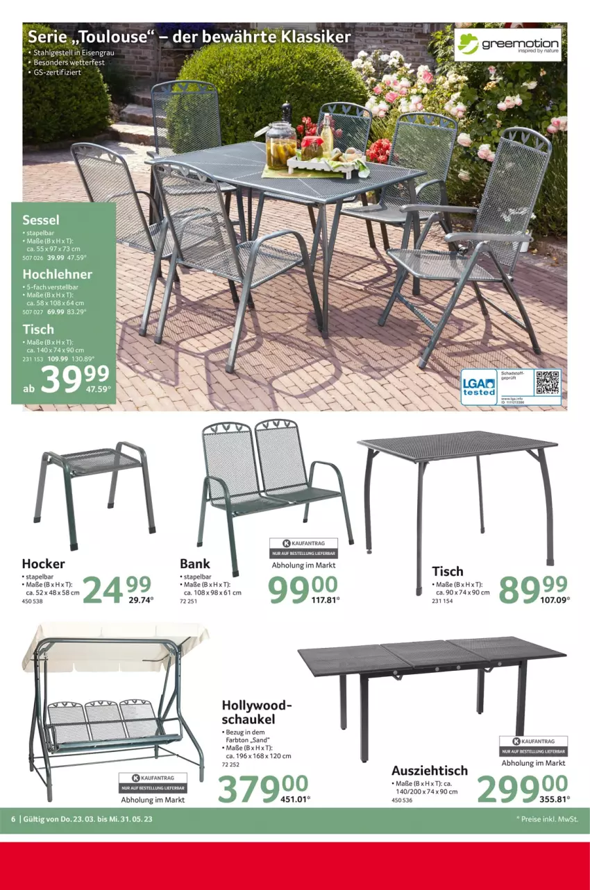 Aktueller Prospekt Selgros - Outdoorkatalog - von 23.03 bis 31.05.2023 - strona 6 - produkty: Bank, greemotion, hocker, LG, natur, Schaukel, tee, Ti, tisch