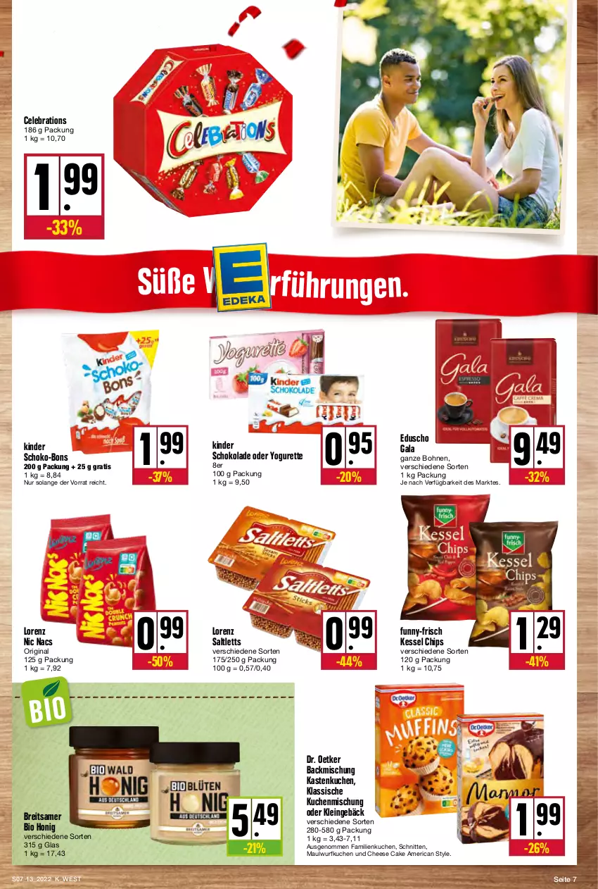 Aktueller Prospekt Kupsch - Angebote der Woche - von 28.03 bis 02.04.2022 - strona 7 - produkty: backmischung, bio, bohne, bohnen, Brei, chips, Dr. Oetker, eduscho, funny-frisch, gin, honig, Kastenkuchen, Kinder, kinder schokolade, kuchen, lorenz, oder yogurette, saltletts, schnitten, schoko, schoko-bons, schokolade, Ti, Yo, yogurette