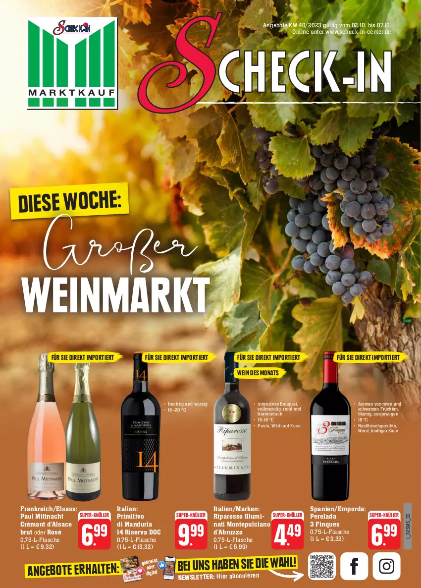 Aktueller Prospekt E Center - Angebote der Woche - von 02.10 bis 07.10.2023 - strona 1 - produkty: angebot, angebote, brut, eis, ente, flasche, fleisch, frucht, früchte, früchten, Käse, monte, Montepulciano, pasta, primitivo, rel, Ria, rind, rindfleisch, riserva, sac, super-knüller, Ti, wein, Wild, wurst