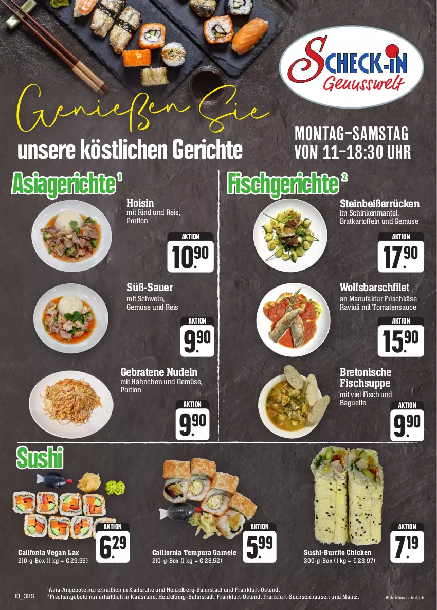 Aktueller Prospekt E Center - Angebote der Woche - von 02.10 bis 07.10.2023 - strona 10 - produkty: angebot, angebote, auer, baguette, braten, eis, Faktu, filet, fisch, Fischsuppe, frischkäse, kartoffel, kartoffeln, Käse, Mantel, nudel, nudeln, ravioli, reis, rind, sac, sauce, schinken, schwein, Steinbeißer, suppe, Sushi, Ti, tomate, tomaten, tomatensauce, uhr, und gemüse, wein, wolfsbarsch