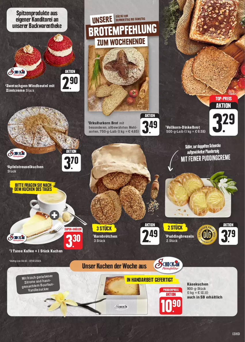 Aktueller Prospekt E Center - Angebote der Woche - von 02.10 bis 07.10.2023 - strona 13 - produkty: apfel, backwaren, beutel, bier, brezel, Brezeln, brot, brötchen, creme, Dinkelbrot, eis, Faktu, kaffee, Käse, käsekuchen, korn, kuchen, mac, mehl, Plunder, pudding, reis, Streuselkuchen, super-knüller, tasse, Ti, top-preis, urkorn, vanille, WICK, Windbeutel, zitrone