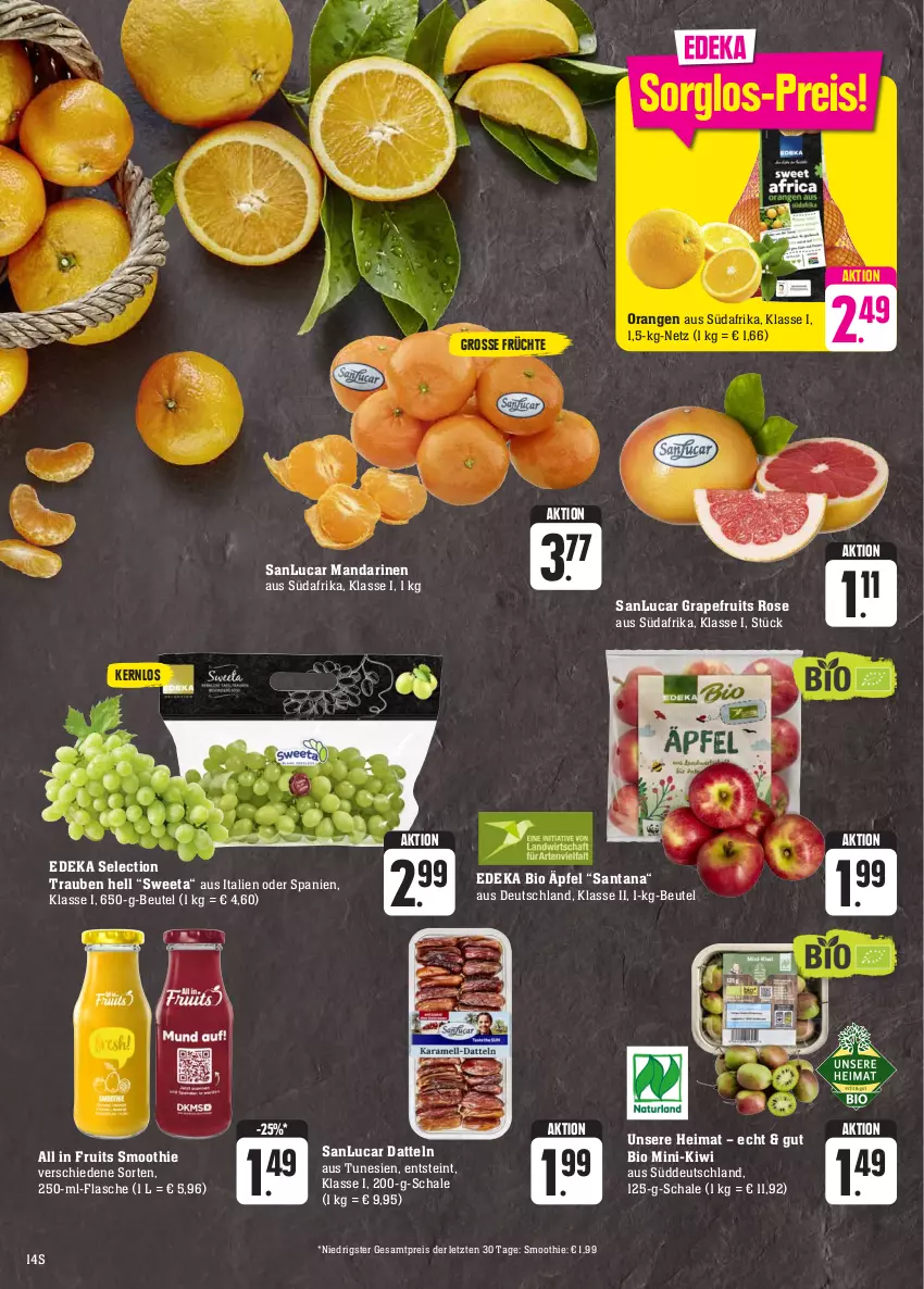 Aktueller Prospekt E Center - Angebote der Woche - von 02.10 bis 07.10.2023 - strona 14 - produkty: beutel, bio, Datteln, deka, edeka bio, eis, flasche, früchte, grapefruit, kiwi, mandarine, mandarinen, orange, orangen, reis, Schal, Schale, smoothie, Ti, trauben, ZTE