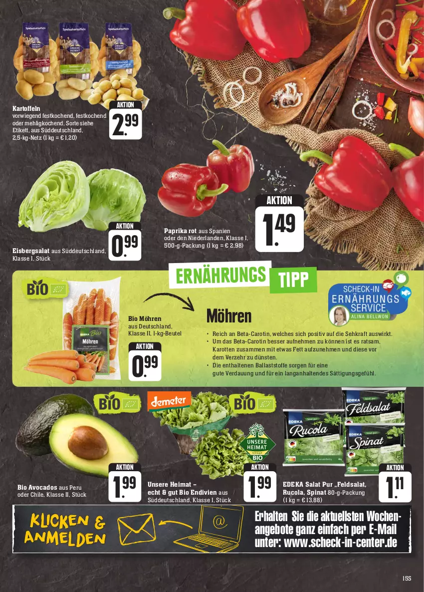 Aktueller Prospekt E Center - Angebote der Woche - von 02.10 bis 07.10.2023 - strona 15 - produkty: angebot, angebote, avocado, avocados, ball, beutel, bio, cola, deka, eis, eisbergsalat, ente, feldsalat, karotten, kartoffel, kartoffeln, kraft, mehl, möhren, paprika, paprika rot, rucola, salat, Sehkraft, spinat, Ti