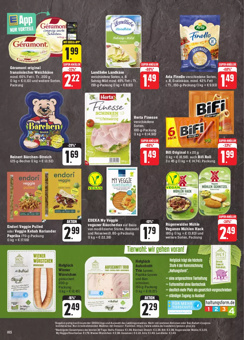 Aktueller Prospekt E Center - Angebote der Woche - von 02.10 bis 07.10.2023 - strona 18 - produkty: angebot, arla, aufschnitt, Becher, bier, bierschinken, bifi, coupon, coupons, deka, eis, finello, finesse, französischer weichkäse, géramont, gin, herta, herta finesse, Käse, Koriander, landkäse, landliebe, lyoner, mehl, ndk, nuss, paprika, rabatt-coupon, reinert, reis, Ria, rügenwalder, rügenwalder mühle, schinken, super-knüller, Ti, veggie, weichkäse, wiener, wiener würstchen, würstchen, Yo, ZTE