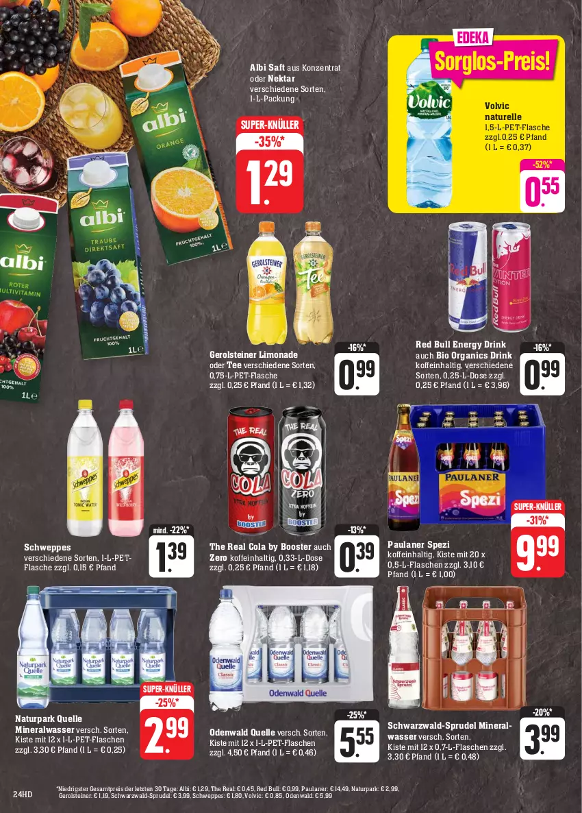 Aktueller Prospekt E Center - Angebote der Woche - von 02.10 bis 07.10.2023 - strona 24 - produkty: Alwa, bio, cola, drink, eis, elle, energy drink, flasche, gerolsteine, gerolsteiner, limo, limonade, mineralwasser, natur, Naturpark Quelle, Nektar, odenwald, Paula, paulaner, pet-flasche, pet-flaschen, red bull, reis, rel, saft, schweppes, Spezi, Sprudel, steiner, super-knüller, tee, Ti, volvic, wasser, ZTE