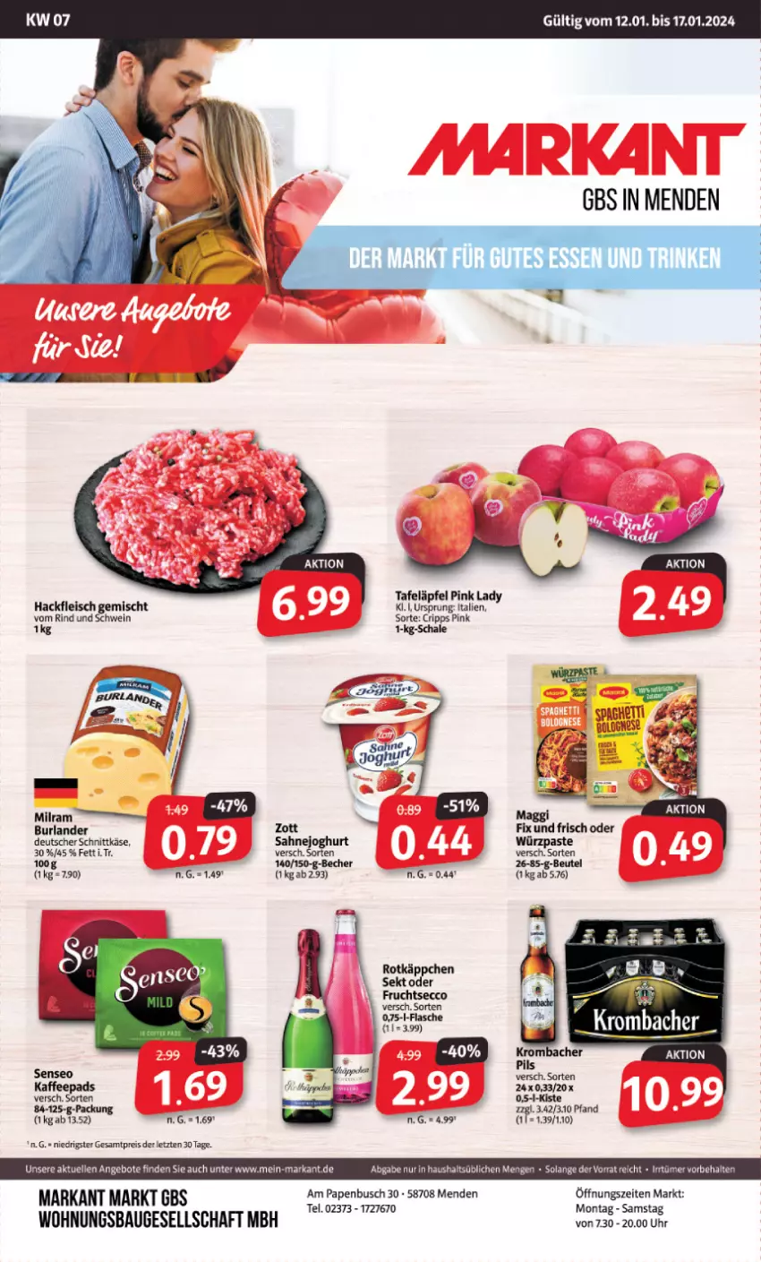 Aktueller Prospekt Markant - Prospekte - von 12.02 bis 17.02.2024 - strona 1 - produkty: angebot, angebote, Bau, beutel, burlander, deutscher schnittkäse, eis, elle, flasche, fleisch, hackfleisch, hackfleisch gemischt, Käse, milram, Pink Lady, reis, rind, Schal, schnittkäse, schwein, sekt, tafeläpfel, uhr, wein, ZTE