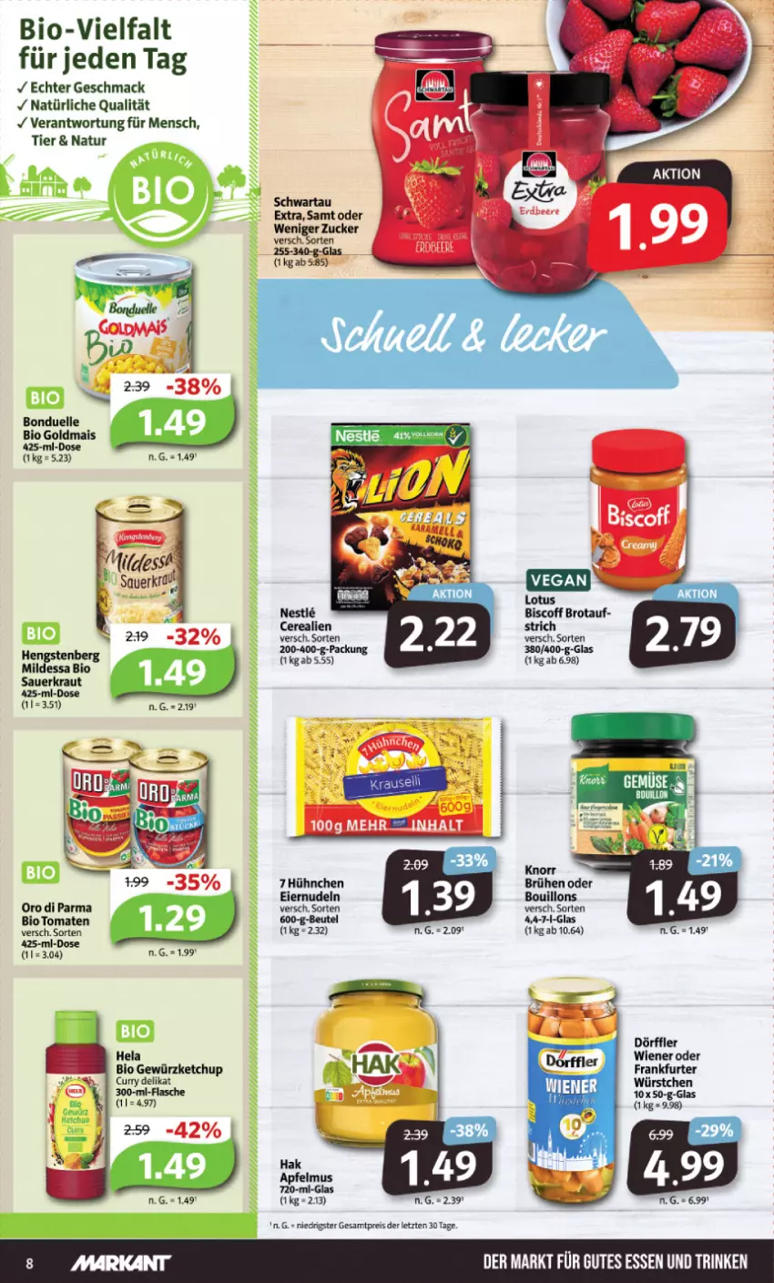 Aktueller Prospekt Markant - Prospekte - von 12.02 bis 17.02.2024 - strona 8 - produkty: apfel, apfelmus, auer, bio, biscoff, bonduelle, brot, Brühe, cerealien, curry, eier, eiernudeln, eis, elle, flasche, frankfurter, gewürz, gewürzketchup, Goldmais, gutes essen, Hela, ketchup, knorr, Kraut, mac, mais, natur, nudel, nudeln, oro di parma, reis, Sauerkraut, Schwartau, Ti, tomate, tomaten, wiener, würstchen, ZTE, zucker