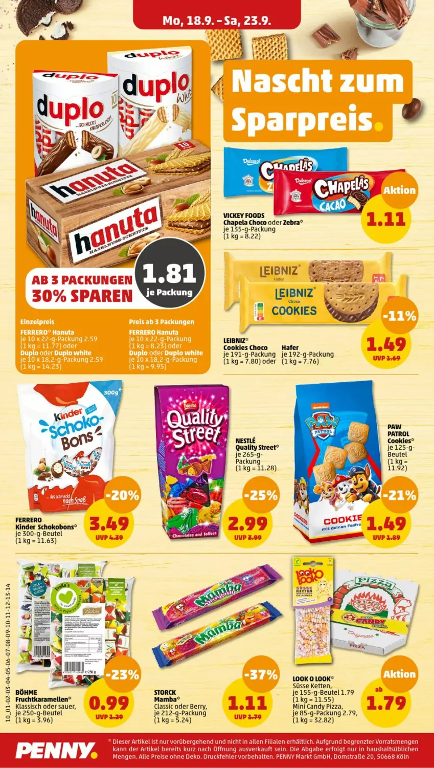 Aktueller Prospekt Penny - Prospekte - von 18.09 bis 23.09.2023 - strona 10 - produkty: auer, beutel, cookie, cookies, elle, frucht, hafer, karamell, Kette, Kinder, Kinder Schokobons, leibniz, pizza, schoko