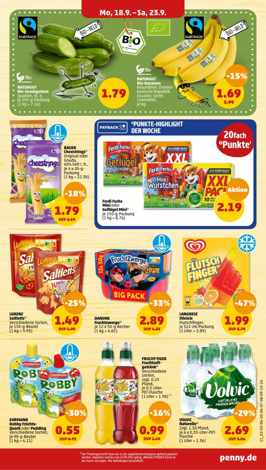 Aktueller Prospekt Penny - Prospekte - von 18.09 bis 23.09.2023 - strona 11 - produkty: angebot, angebote, auer, Bau, Bauer, Becher, beutel, ehrmann, eis, elle, ferdi fuchs, flasche, frucht, früchte, fruchtsaft, fruchtzwerge, Geflügel, getränk, gin, gouda, langnese, lorenz, mac, natur, pet-flasche, pudding, quark, rel, ring, robby, saft, Seife, stieleis, String, tee, Ti