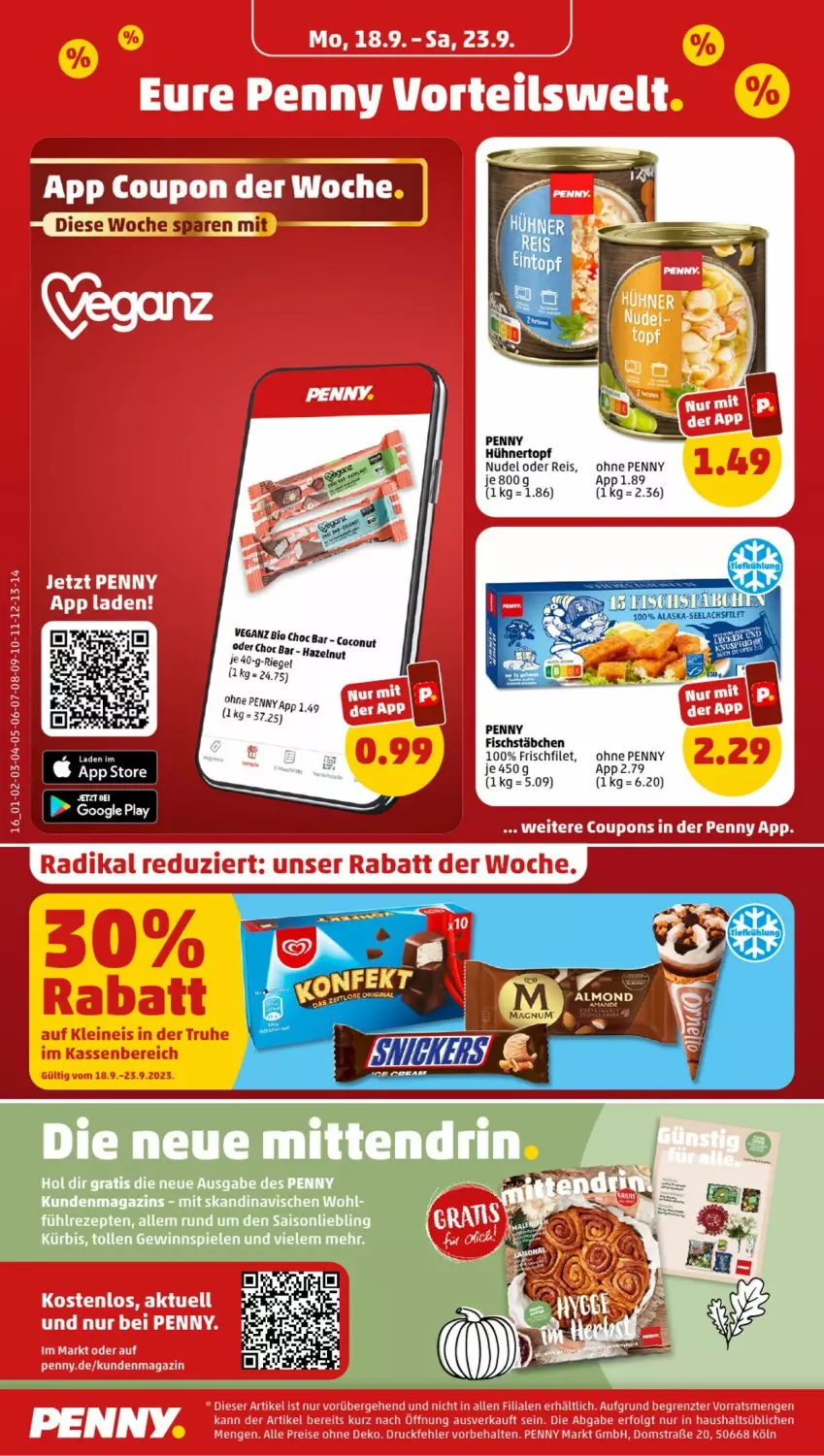 Aktueller Prospekt Penny - Prospekte - von 18.09 bis 23.09.2023 - strona 16 - produkty: eis, filet, fisch, fischstäbchen, gewinnspiel, gin, google play, hühner, Kürbis, magazin, nudel, reis, rezept, rezepte, Spiele, Ti, topf